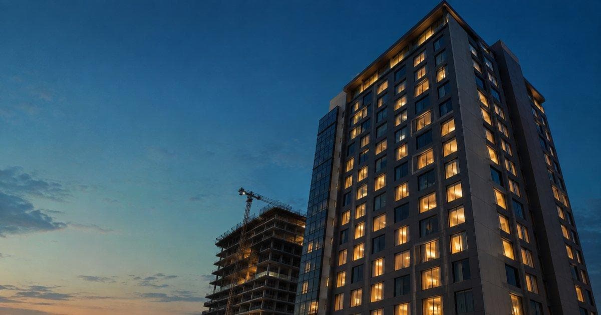 Edifício de hotel iluminado ao anoitecer, ao lado de um prédio em construção com guindaste