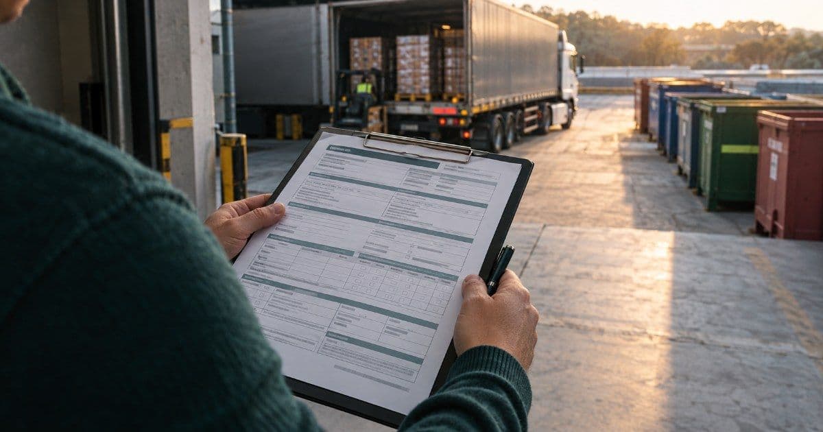 Pessoa em uma doca de carga segurando uma prancheta com um documento de transporte, com um caminhão sendo carregado e contêineres de resíduos ao fundo.