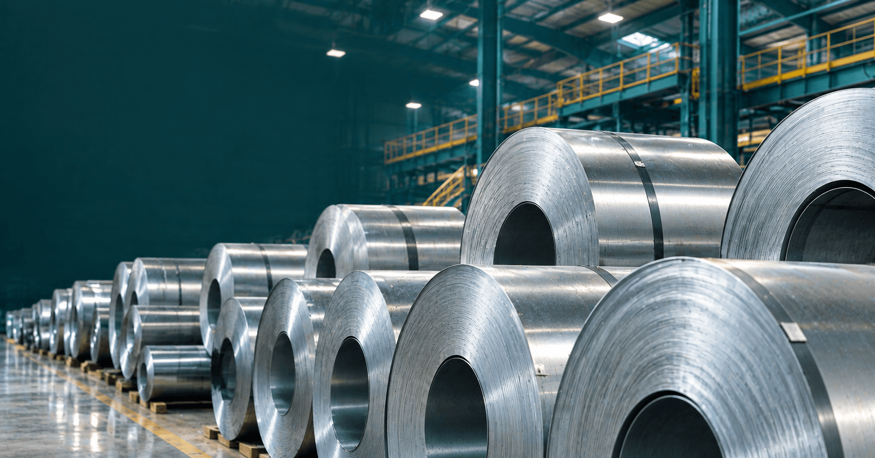 Bobinas de aço laminado empilhadas em galpão industrial de siderúrgica