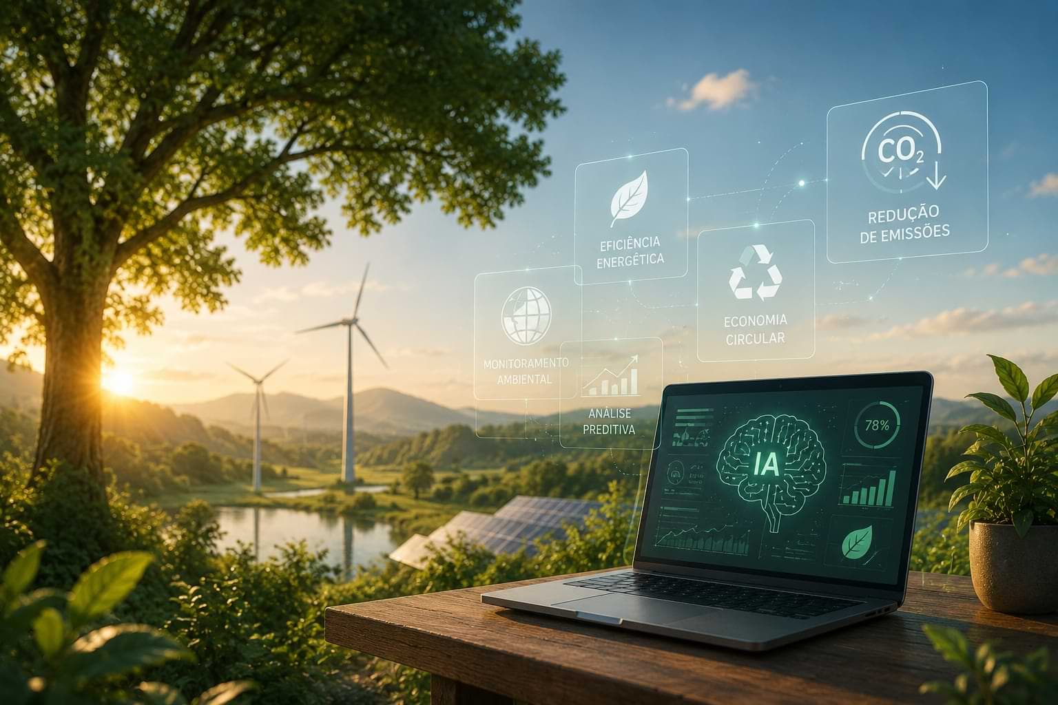 Representação de inteligência artificial voltada à eficiência energética e sustentabilidade.